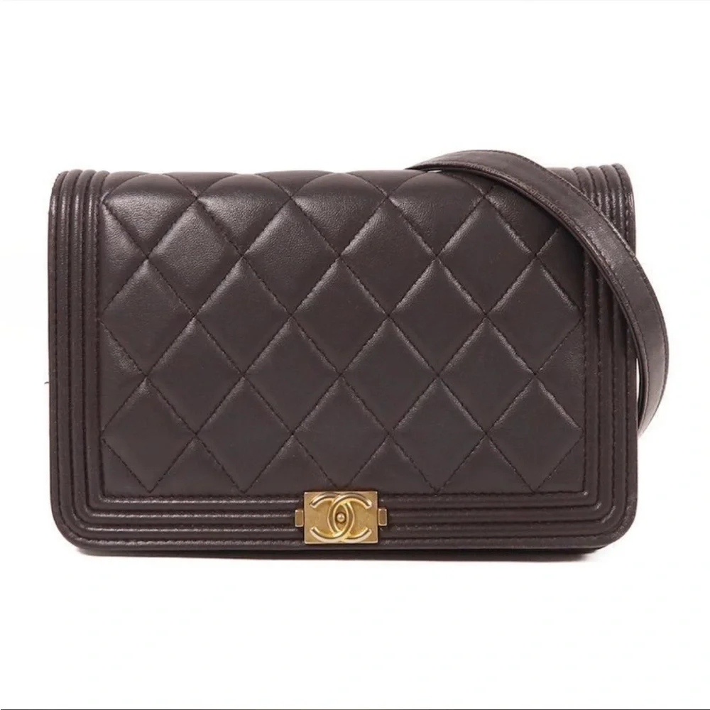 Chanel Quilted Dark Grey Le Boy Wallet WOC Lambskin Leather Crossbody bag